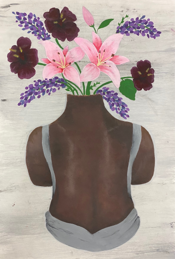 acrylic painting of women with flowers coming from her neck